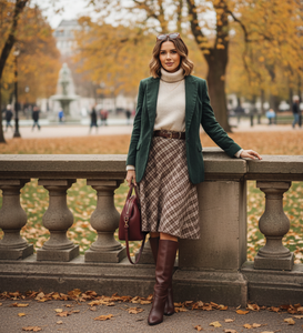 Coffee brown plaid skirt midi with belt, plaid A-line skirt women, smart casual outfit skirt for fall office wear, preppy plaid skirt outfits, vintage belt buckle blouse skirt pairing brown plaid midi skirt, midi skirt with belt
