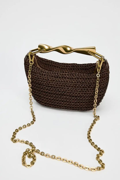 bucket sling bag, mini bucket sling bag, Crossbody woven bag, sculptural handle purse, terracotta shoulder bag for evening soiree handbag, Pinterest-worthy summer tote.