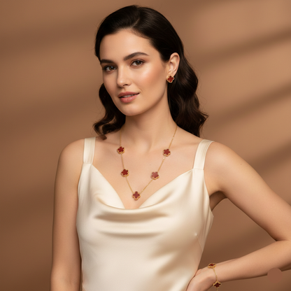 clover necklace bracelet earrings set, floral jewelry set, everyday jewelry set, old money jewelry aesthetic, Minimalist jewelry set for women, polished gold-tone charm texture with dainty gold jewelry set styling, symmetrical clover layout, minimalist clover necklace bracelet earrings set, business casual accessories.