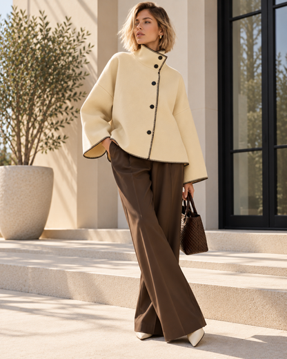 minimalist jacket women, minimalist contrast trim jacket, oversized boxy shape with a high funnel collar, button-front construction and artisanal stitched edges, suited to contemporary outerwear, classy casual outfit styling and transitional weather dressing.
