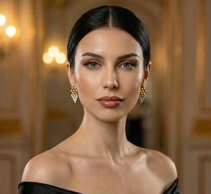 tiered earrings, elegant drop earrings, minimalist gold earrings,
gold drop earrings, Elegant gold geometric drop earrings with crystal accents and a sleek rhombus silhouette. Lightweight statement earrings for women, ideal for office wear, party looks, wedding guests, and evening events.
