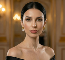 Load image into Gallery viewer, tiered earrings, elegant drop earrings, minimalist gold earrings,
gold drop earrings, Elegant gold geometric drop earrings with crystal accents and a sleek rhombus silhouette. Lightweight statement earrings for women, ideal for office wear, party looks, wedding guests, and evening events.