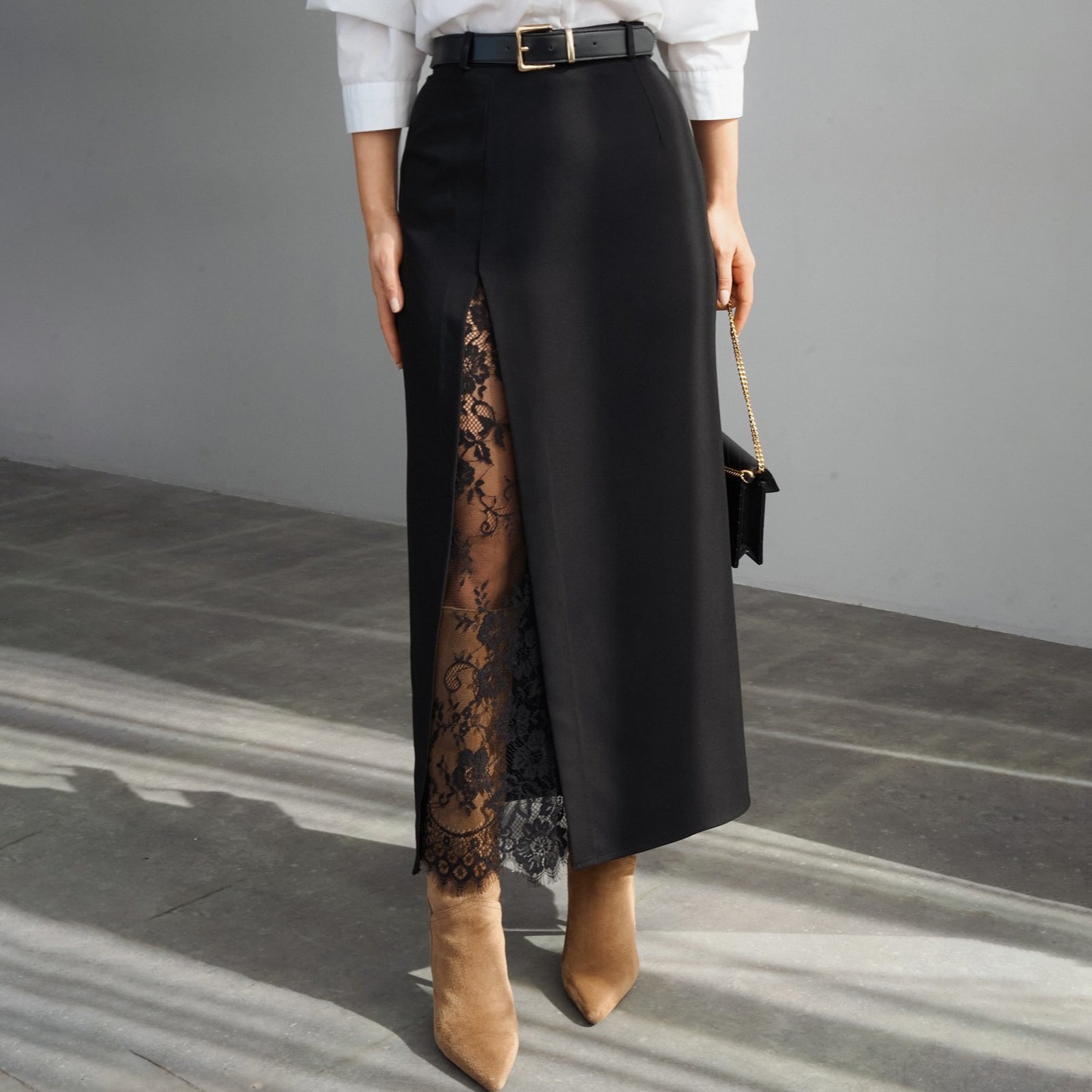 minimalist pencil skirt, women’s elegant workwear skirt, tailored slit midi skirt, High waist lace panel midi skirt in smooth tailored fabric with a straight slim fit, classy old money aesthetic skirt for minimalist business casual styling, office appropriate midi skirt, elevated basics women, comfortable workwear skirts.