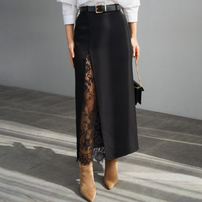 minimalist pencil skirt, women’s elegant workwear skirt, tailored slit midi skirt, High waist lace panel midi skirt in smooth tailored fabric with a straight slim fit, classy old money aesthetic skirt for minimalist business casual styling, office appropriate midi skirt, elevated basics women, comfortable workwear skirts.