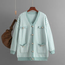 Load image into Gallery viewer, houndstooth cardigan women, oversized knit cardigan women, mint green cardigan women, pearl button cardigan, v-neck button cardigan women, fall cardigan outfit women, pastel cardigan women, old money fall outfits women.