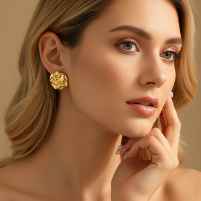 workwear statement earrings, minimalist statement earrings, modern gold stud earrings, Chunky gold stud earrings featuring an organic crumpled texture, high-shine sculptural design, modern statement earrings for women seeking bold office-to-evening fashion jewelry.