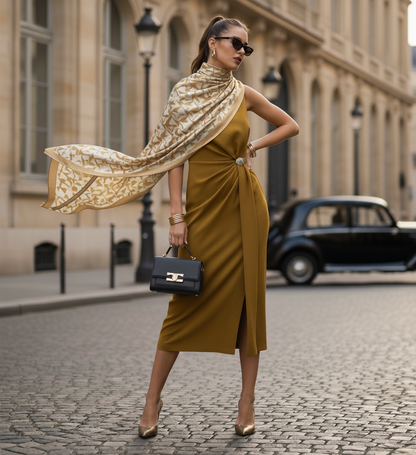 gold midi dress, mustard dress, date night dress, draped midi dress, golden hour dress, quiet luxury dress, elevated basics dress, pinterest outfit cocktail dress, sleeveless evening dress, flattering midi dress.