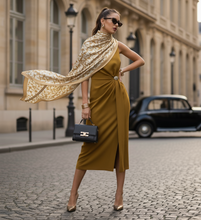 Load image into Gallery viewer, gold midi dress, mustard dress, date night dress, draped midi dress, golden hour dress, quiet luxury dress, elevated basics dress, pinterest outfit cocktail dress, sleeveless evening dress, flattering midi dress.