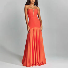 Load image into Gallery viewer, nacarat satin maxi dress, elegant gorgeous dresses for women, cocktail dress for women, summer wedding outfit ideas, what to wear to a summer wedding as a guest, cocktail party outfit ideas, sweetheart neckline gown.