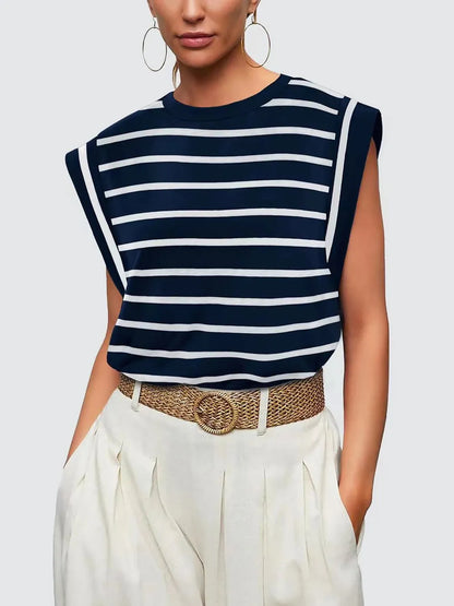 navy blue and white relaxed fit striped tee women, European summer tops for women, vacation tops for women, European summer outfit, Relaxed fit striped tank top for women in lightweight breathable fabric with a polished straight silhouette, lightweight travel tops women, Parisian casual outfit women, travel friendly women’s tops.
