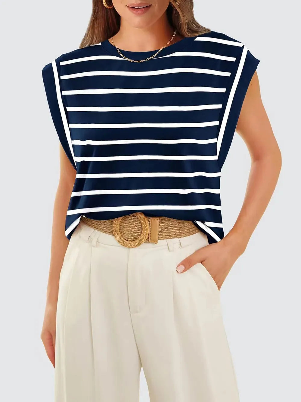 old money boat neckline striped top, casual workwear summer top, expensive looking basics women, capsule wardrobe essentials women, Women’s striped summer blouse in soft draped fabric with cap sleeve detailing, quiet luxury casual top for travel capsule wardrobes and hot weather everyday outfits, flattering tops for broad shoulders.
