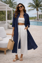 Load image into Gallery viewer, beach cover up oversized shirt dress, midi shirt dress, button down shirt dress, casual shirt dress, long oversized shirt, business casual shirt dress, linen dress casual, relaxed oversized shirt dress, cotton linen midi shirt dress, old money shirt dress, relaxed chic dress.