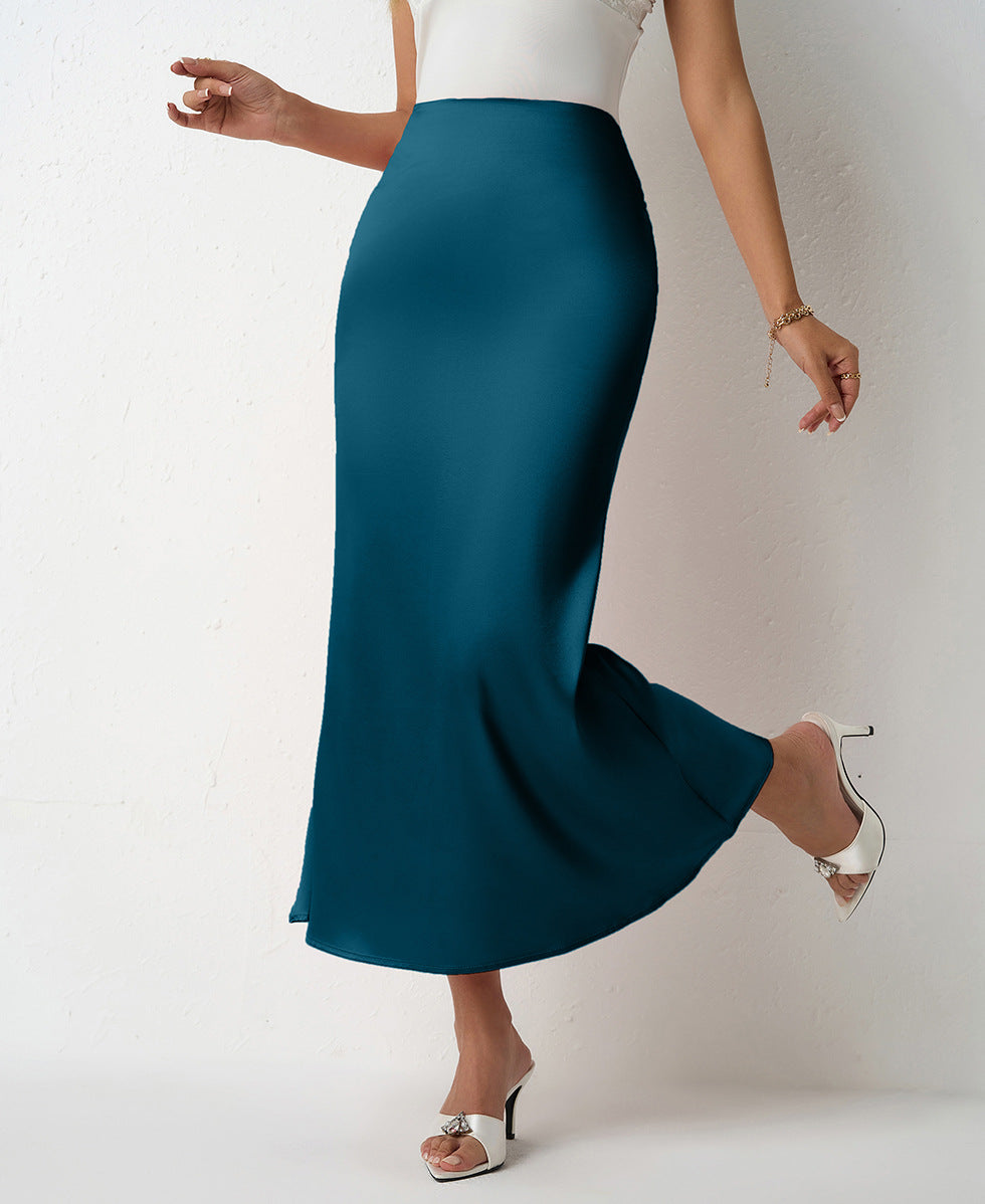 Navy Blue High-waist satin midi slip skirt for women, bias cut with soft sheen finish. Perfect versatile skirt for workwear, date night outfit ideas, wedding guest looks & chic everyday satin styling.