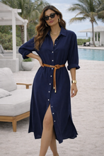 Load image into Gallery viewer, shirt dress midi, oversized casual dress, shirt dress for women, button down shirt dress, beach cover up dress, business casual shirt dress, linen dress casual, Oversized cotton-linen blend shirt dress for beach cover-ups, casual office wear, and classy fall outings.