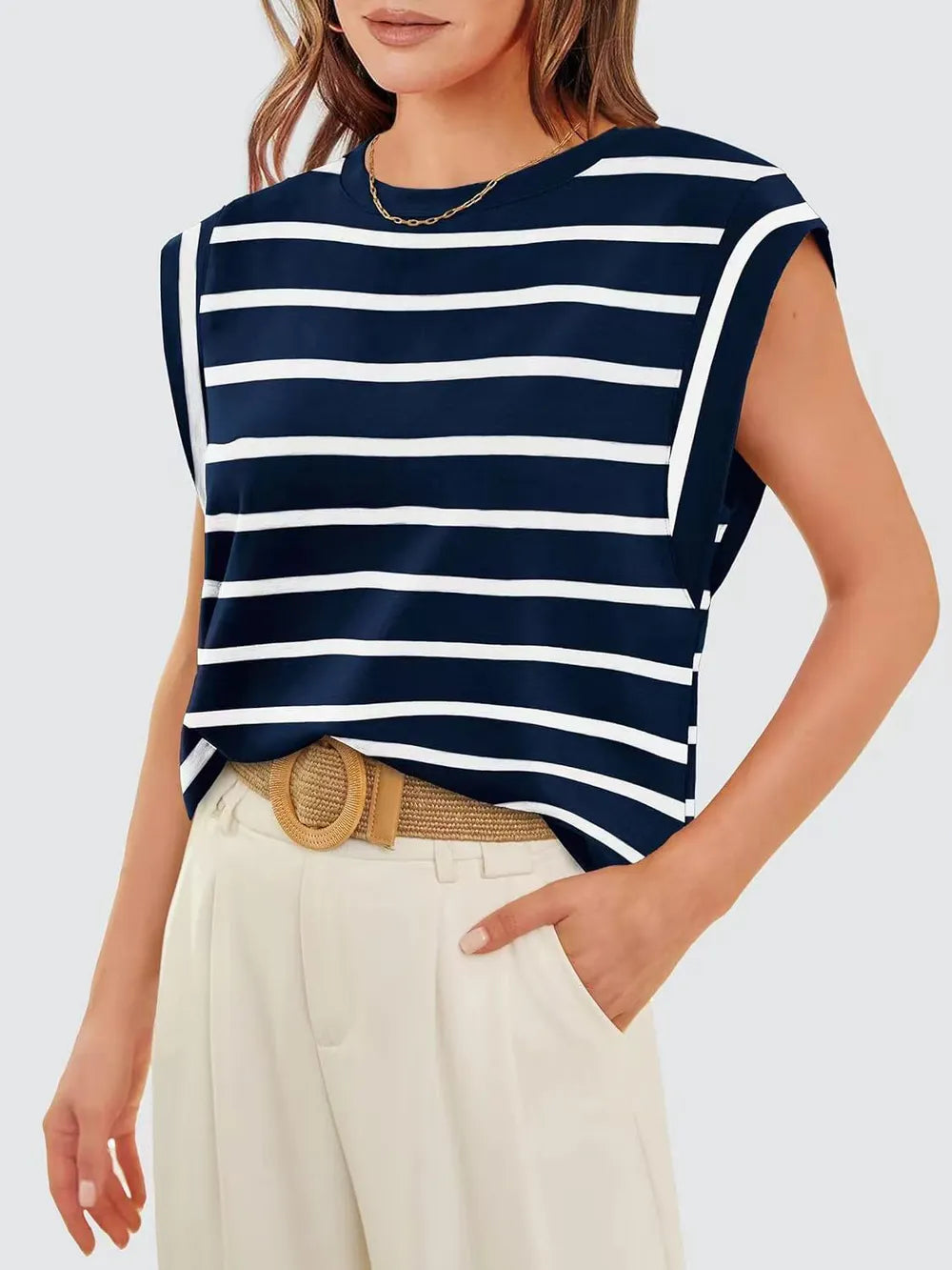 striped cap sleeve summer top, quiet luxury basics, old money style top, Women’s striped cap sleeve top in soft lightweight fabric with a relaxed silhouette, casual chic striped summer top for smart casual wear, european vacation outfits and effortless everyday styling, women’s nautical stripe top with boat neck.