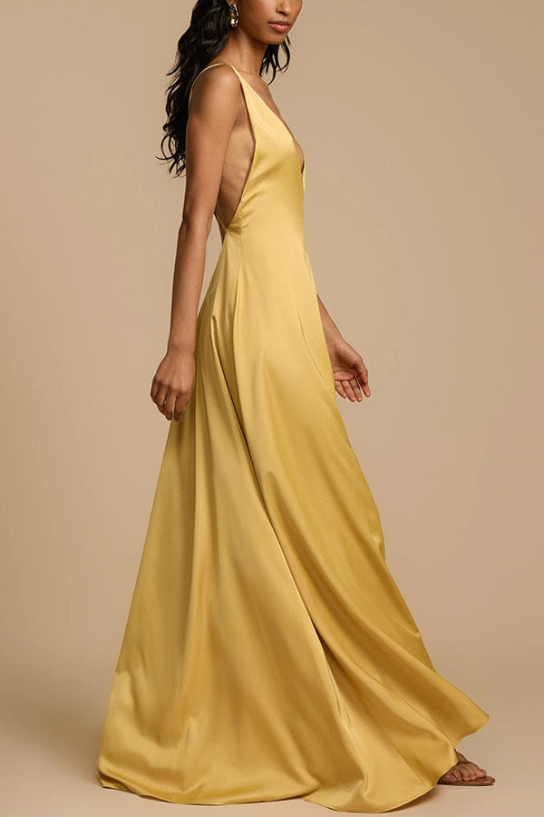 princess polly baby blue dress Seraphine Gold Satin Plunging V-Neck Maxi Dress