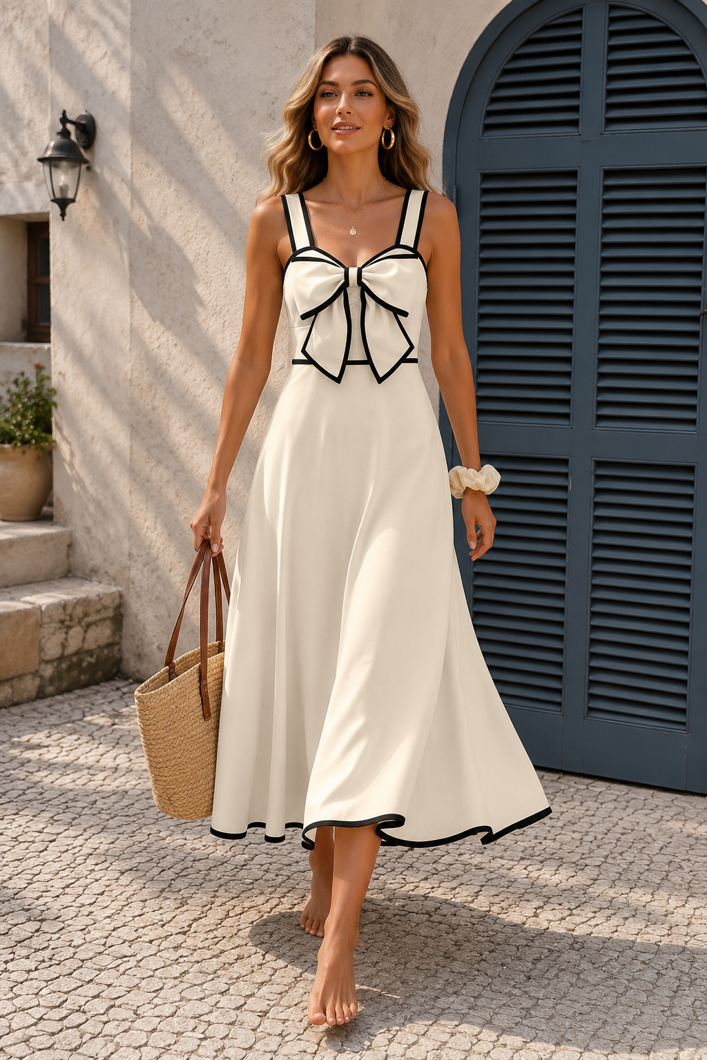 Fit and flare dress, Old money aesthetic dress in a sophisticated cream palette with contrast piping and tailored shaping. Cream bow front midi dress with a structured bodice and fit and flare silhouette, styled as an elegant summer midi dress for women seeking a romantic garden party dress with timeless feminine appeal.