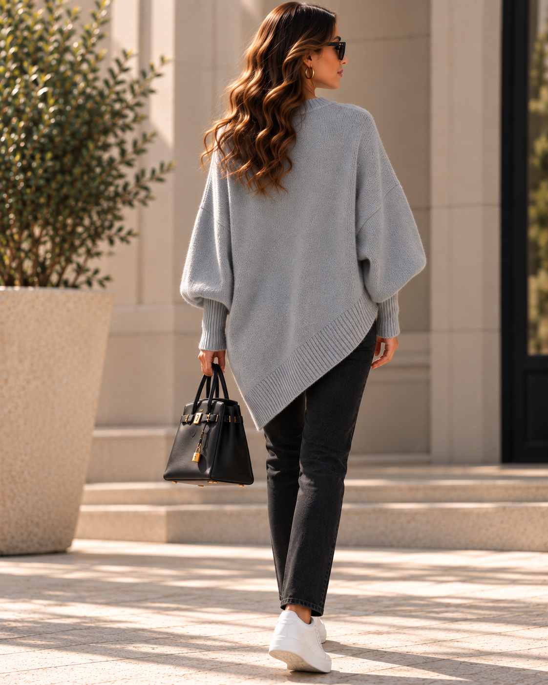 old money batwing sleeve sweater, weekend outfit women, oversized ribbed construction with wide draped sleeves, classic crew neckline, elongated cuffs and tunic style hem, styled as a quiet luxury sweater for timeless polished weekend wardrobes.