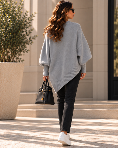 old money batwing sleeve sweater, weekend outfit women, oversized ribbed construction with wide draped sleeves, classic crew neckline, elongated cuffs and tunic style hem, styled as a quiet luxury sweater for timeless polished weekend wardrobes.