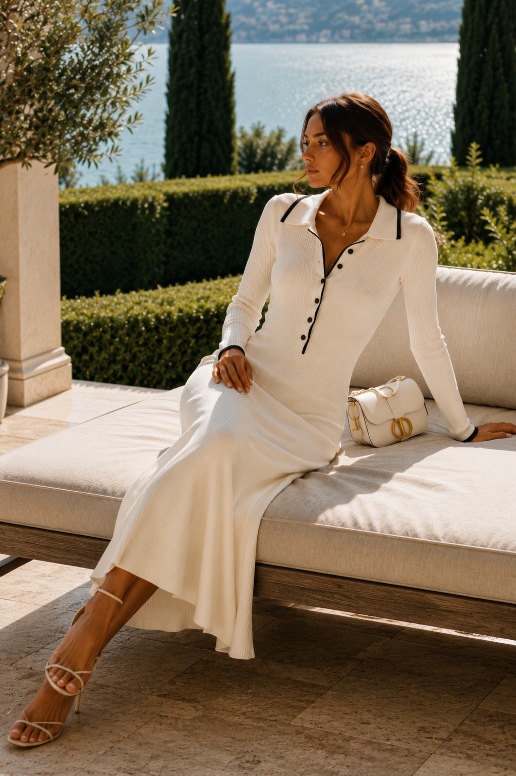 button front midi dress, old money knit midi dress, Ivory ribbed knit midi dress with black piping and partial buttons, styled as a quiet luxury midi dress for polished brunches, with a timeless old money dresses aesthetic and streamlined long sleeves, classy casual dress.