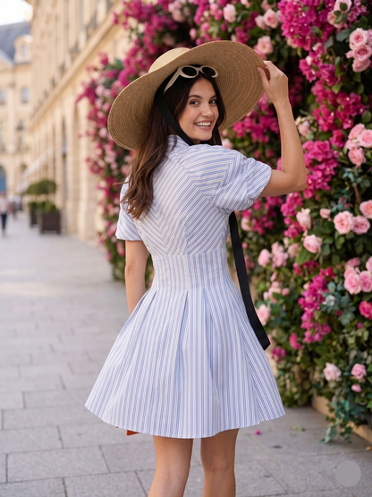 Striped shirt dress women, fit and flare mini dress, button front dress, cinched waist dress, old money aesthetic dress, office casual dress women, structured fit and flare dress, Pinterest aesthetic summer dress, quiet luxury summer outfit, tailored shirt dress outfit, expensive looking dresses.