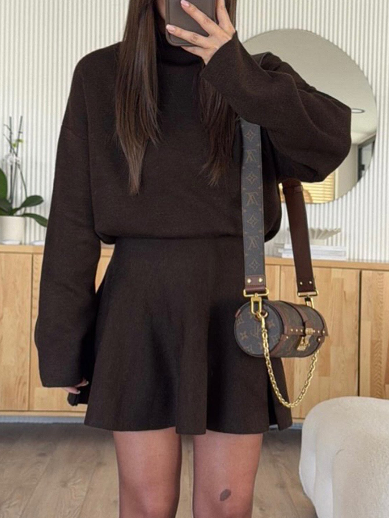 classy fall outfit sweater dress, old money knitwear dress women, turtleneck sweater dress women, Cozy knit mini sweater dress for women in coffee brown, high neck flare silhouette for curvy or petite frame, ideal office work sweater dress or fall wedding guest outfit idea.