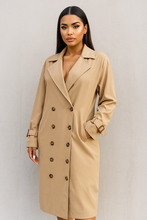 Load image into Gallery viewer, old money trench coat women, Classic beige trench coat women in longline silhouette with elegant double breasted trench coat women tailoring, ideal fall trench coat women for business outfits women and minimalist layering outfits, long trench coat women.