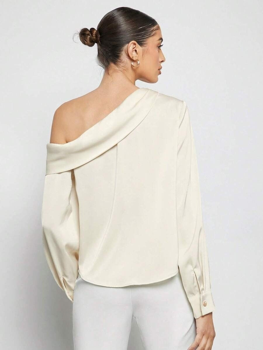 one-shoulder satin top women, Ivory satin satin one-shoulder blouse women with refined silhouette quiet luxury cocktail blouse for women who love elevated evening wear.