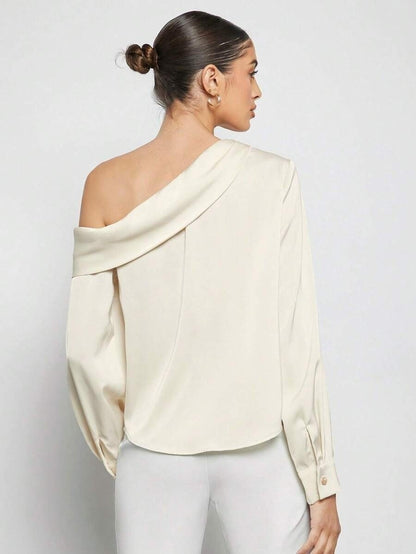 one-shoulder satin top women, Ivory satin satin one-shoulder blouse women with refined silhouette quiet luxury cocktail blouse for women who love elevated evening wear.