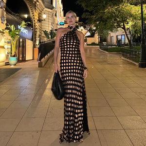 Flowy chiffon maxi dress with halter neckline and gold polka dots, great for destination weddings and summer soirées, one shoulder backless maxi dress