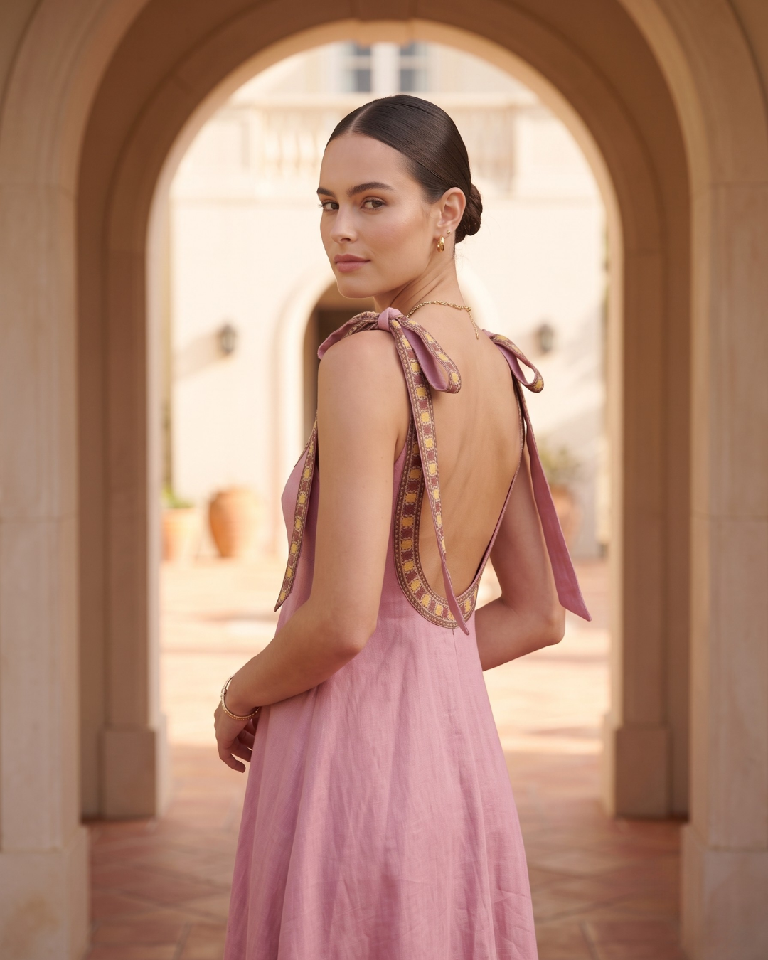 open back maxi dress, Tie strap maxi dress with an elongated empire waist maxi dress silhouette, decorative border print and fitted bodice, ideal for a sunset dinner maxi dress with timeless resort sophistication.