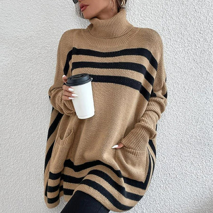oversized turtleneck sweater women, geometric stripe sweater women, striped turtleneck pullover women, batwing sleeve sweater women, winter knit poncho top women, camel oversized turtleneck sweater with stripes women, cozy oversized knit sweater women.