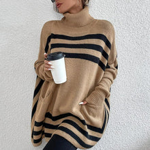 Load image into Gallery viewer, oversized turtleneck sweater women, geometric stripe sweater women, striped turtleneck pullover women, batwing sleeve sweater women, winter knit poncho top women, camel oversized turtleneck sweater with stripes women, cozy oversized knit sweater women.