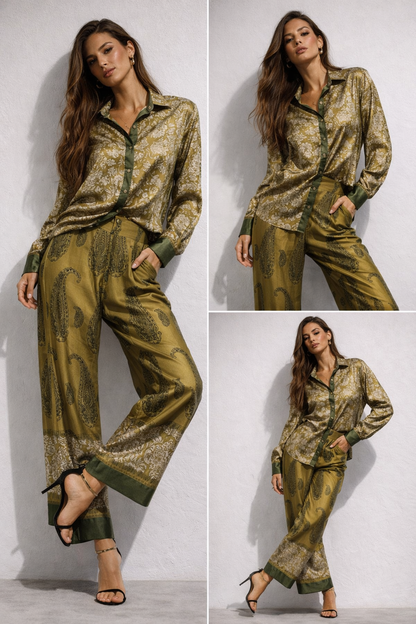 paisley print trouser sets, matching set outfits, printed trouser sets, button down shirt set, wide leg trouser set, paisley shirt, two piece shirt and pants set, paisely print coord set women, business casual set, wedding guest outfit, vacation outfit sets, high waist wide leg trouser set, paisley silk shirt wide leg pants, satin paisley print coord set, Long-sleeve button-down paisley shirt.