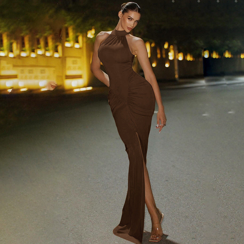 brown party maxi dress women, high neck dress women, body sculpting gown women, High neck ruched hourglass maxi dress women in black, sculpted bodycon maxi dress with thigh slit and sleeveless evening gown fit, elegant ruched party dress women for formal dress events and wedding guest looks.