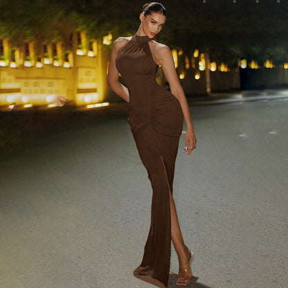 brown party maxi dress women, high neck dress women, body sculpting gown women, High neck ruched hourglass maxi dress women in black, sculpted bodycon maxi dress with thigh slit and sleeveless evening gown fit, elegant ruched party dress women for formal dress events and wedding guest looks.