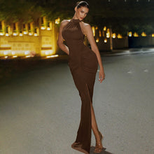 Load image into Gallery viewer, brown party maxi dress women, high neck dress women, body sculpting gown women, High neck ruched hourglass maxi dress women in black, sculpted bodycon maxi dress with thigh slit and sleeveless evening gown fit, elegant ruched party dress women for formal dress events and wedding guest looks.