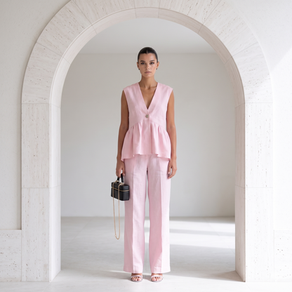 Sleeveless cotton peplum top and wide-leg pants co ord set with clean tailoring and a flattering relaxed fit, perfect as a smart casual matching set for coffee dates, shopping days, and weekend outings.
