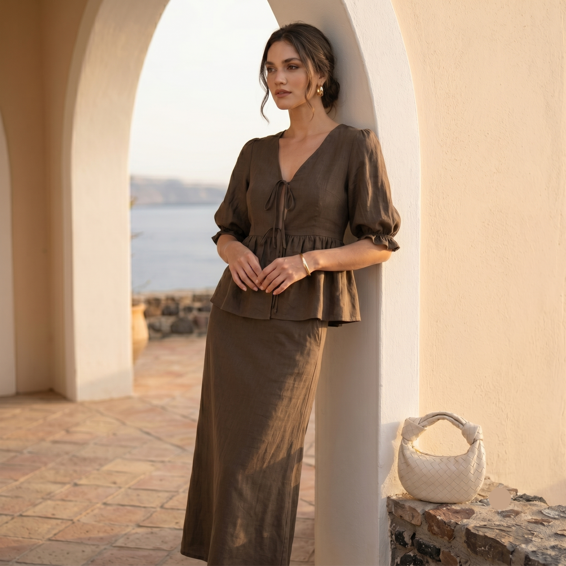matching two piece set women, old money co-ord set women, cotton co-ord set women,  Co-ord set women with a deep V-neck peplum top, dual front ties and elongated silhouette, reflecting Pinterest viral peplum co-ord set aesthetics for garden parties, brunches and daytime celebrations, cotton maxi skirt set women,vacation co-ord set women.