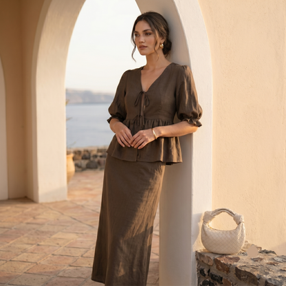 matching two piece set women, old money co-ord set women, cotton co-ord set women,  Co-ord set women with a deep V-neck peplum top, dual front ties and elongated silhouette, reflecting Pinterest viral peplum co-ord set aesthetics for garden parties, brunches and daytime celebrations, cotton maxi skirt set women,vacation co-ord set women.
