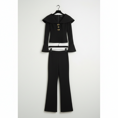 Freya Black Structured Fancy Pantsuit |  Sculpted waist peplum blazer flared pants suit set | Two Piece pants set