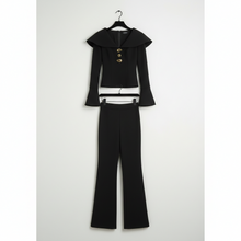 Load image into Gallery viewer, Freya Black Structured Fancy Pantsuit |  Sculpted waist peplum blazer flared pants suit set | Two Piece pants set