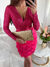 Load image into Gallery viewer, Sequin Party dress, Long Sleeve Sequin Party Dress, Fringe Dress, Sequin Glitter Dress, women&#39;s Cocktail Dresses, cocktail dresses with sleeves, sparkly mini dress, sequin fringe dress, pink sequin dress,  petite evening dresses with sleeves, dinner party dress, evening party dress, tea party dress, party &amp; cocktail dress. 