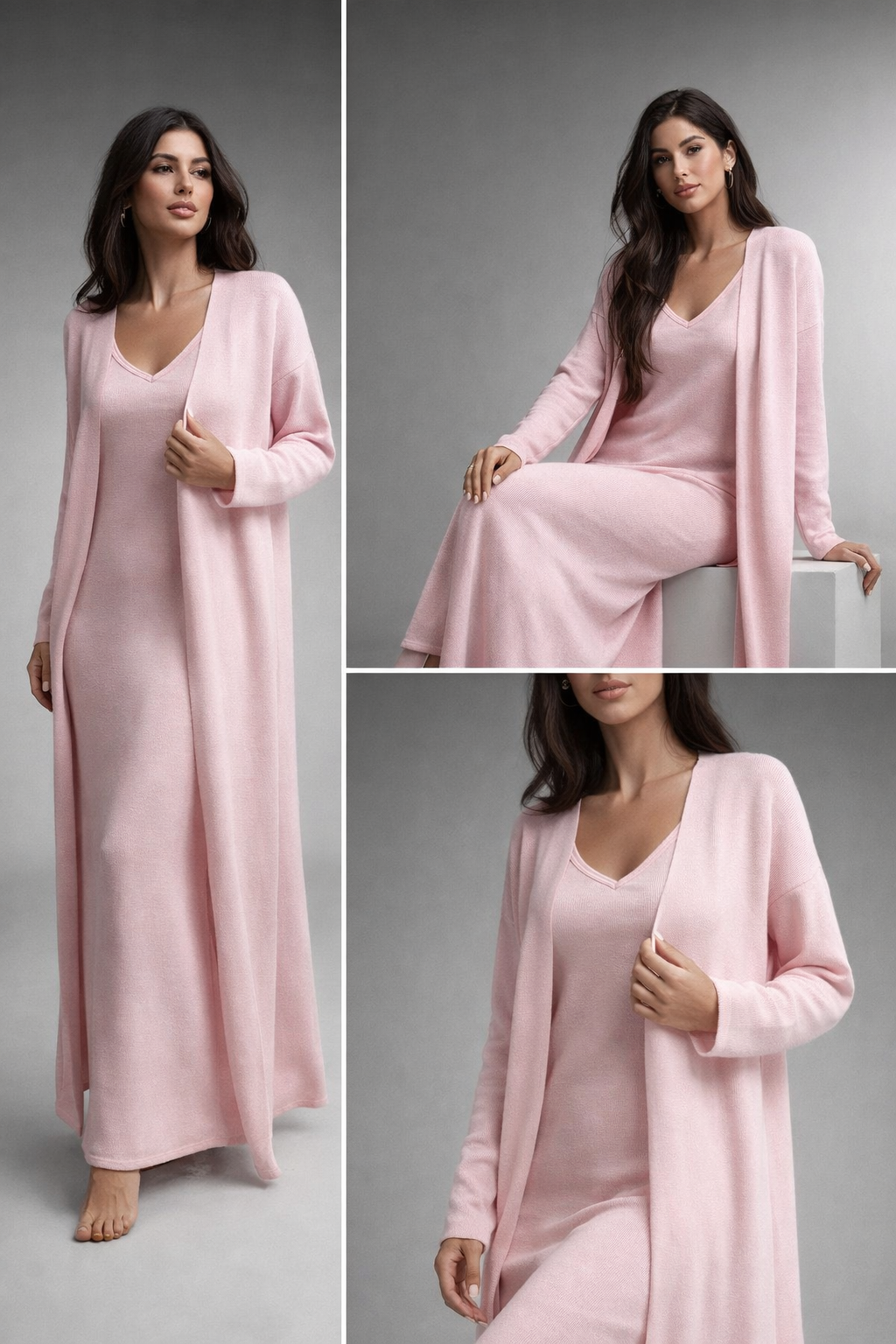 pink Knit maxi dress cardigan set, pink longline cardigan and knit maxi outfit set, knit dress set, two piece maxi outfit set women, quiet luxury knit, old money casual co-ord set, V-neck knit co-ord, Cozy luxury knit set, Versatile Soft Knit Maxi Dress and Matching Longline Cardigan Outfit Set Co-Ord, classy casual set.
