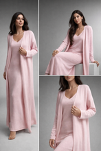 Load image into Gallery viewer, pink Knit maxi dress cardigan set, pink longline cardigan and knit maxi outfit set, knit dress set, two piece maxi outfit set women, quiet luxury knit, old money casual co-ord set, V-neck knit co-ord, Cozy luxury knit set, Versatile Soft Knit Maxi Dress and Matching Longline Cardigan Outfit Set Co-Ord, classy casual set.