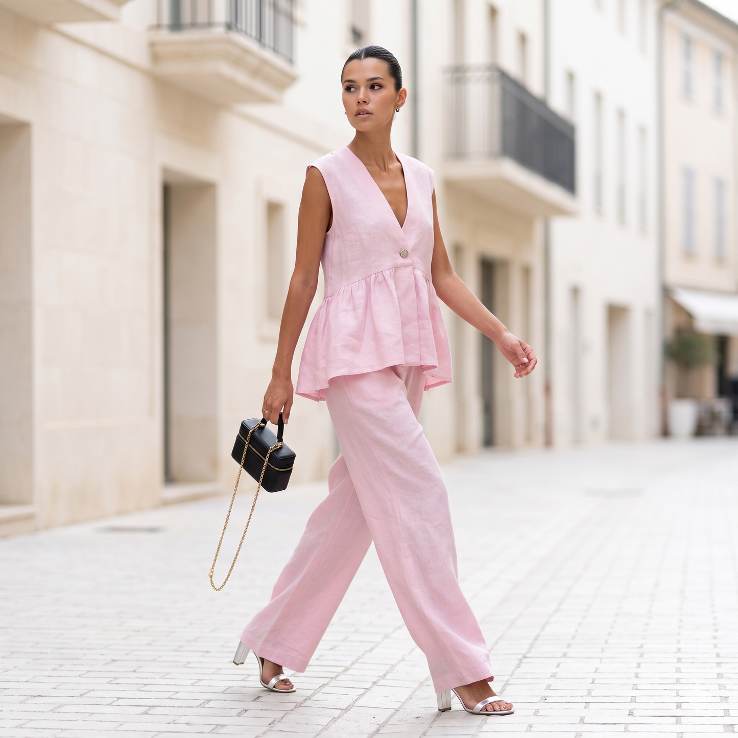 Pink cotton peplum co ord set with a sleeveless V-neck top, statement button closure, and wide-leg pants, styled as a business casual outfit for women with a quiet luxury aesthetic and elevated everyday appeal.