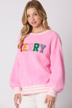Load image into Gallery viewer, cozy oversized sweatshirt, Plush teddy sweatshirt in soft cotton-candy pink featuring sparkly “MERRY” sequins and striped trim. sequin sweatshirt women, A cute holiday sweatshirt for women who love cozy oversized Christmas looks, plush winter sweatshirt women, pink fuzzy sweater for women, cute holiday sweatshirt women.