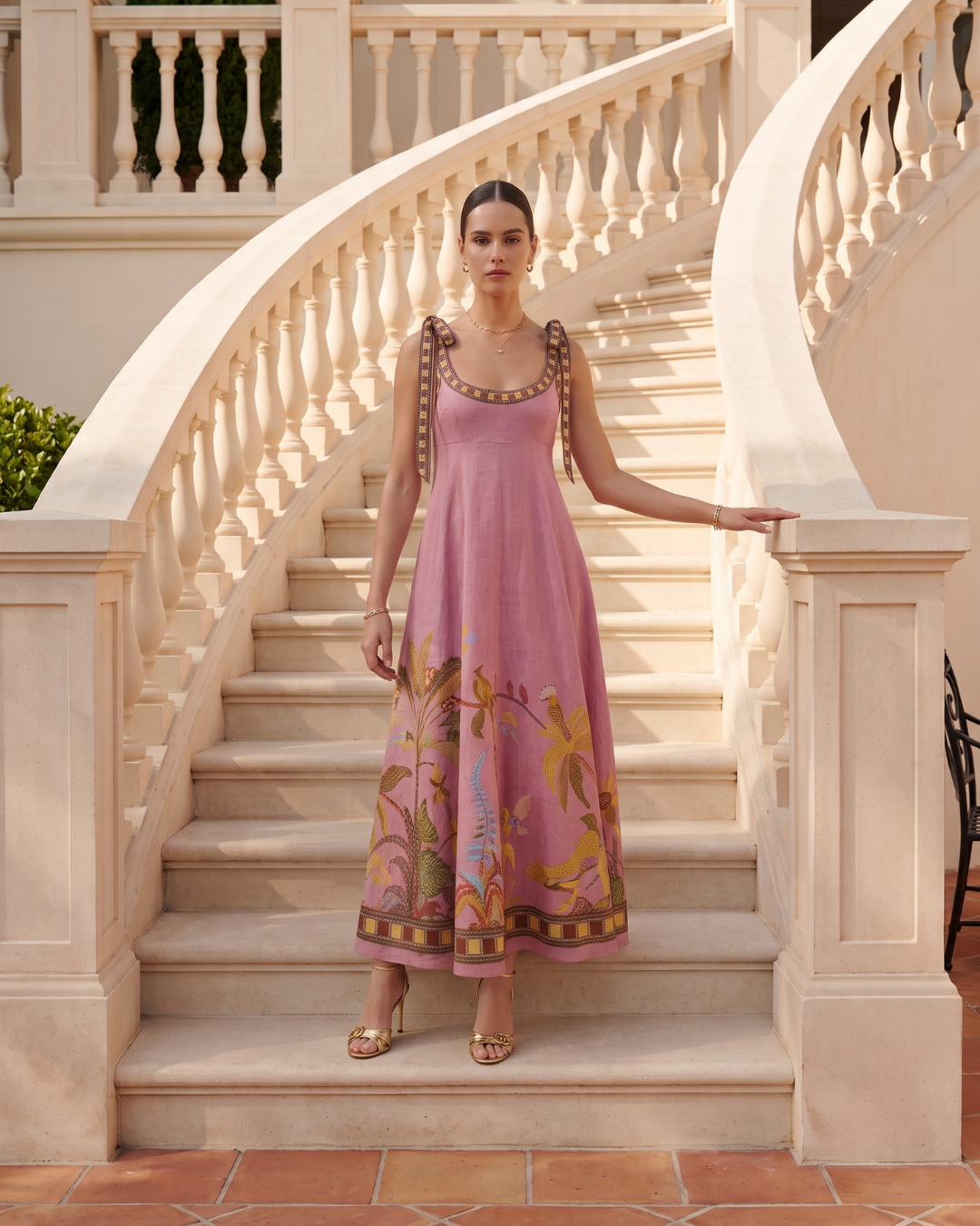 floral fit and flare maxi dress, Vintage botanical maxi dress with a flattering A-line maxi dress fit, square neckline and ornamental border detailing, styled as a bohemian luxury garden party maxi ,elegant empire waist maxi dress silhouette, oversized tie straps and artistic botanical border print.
