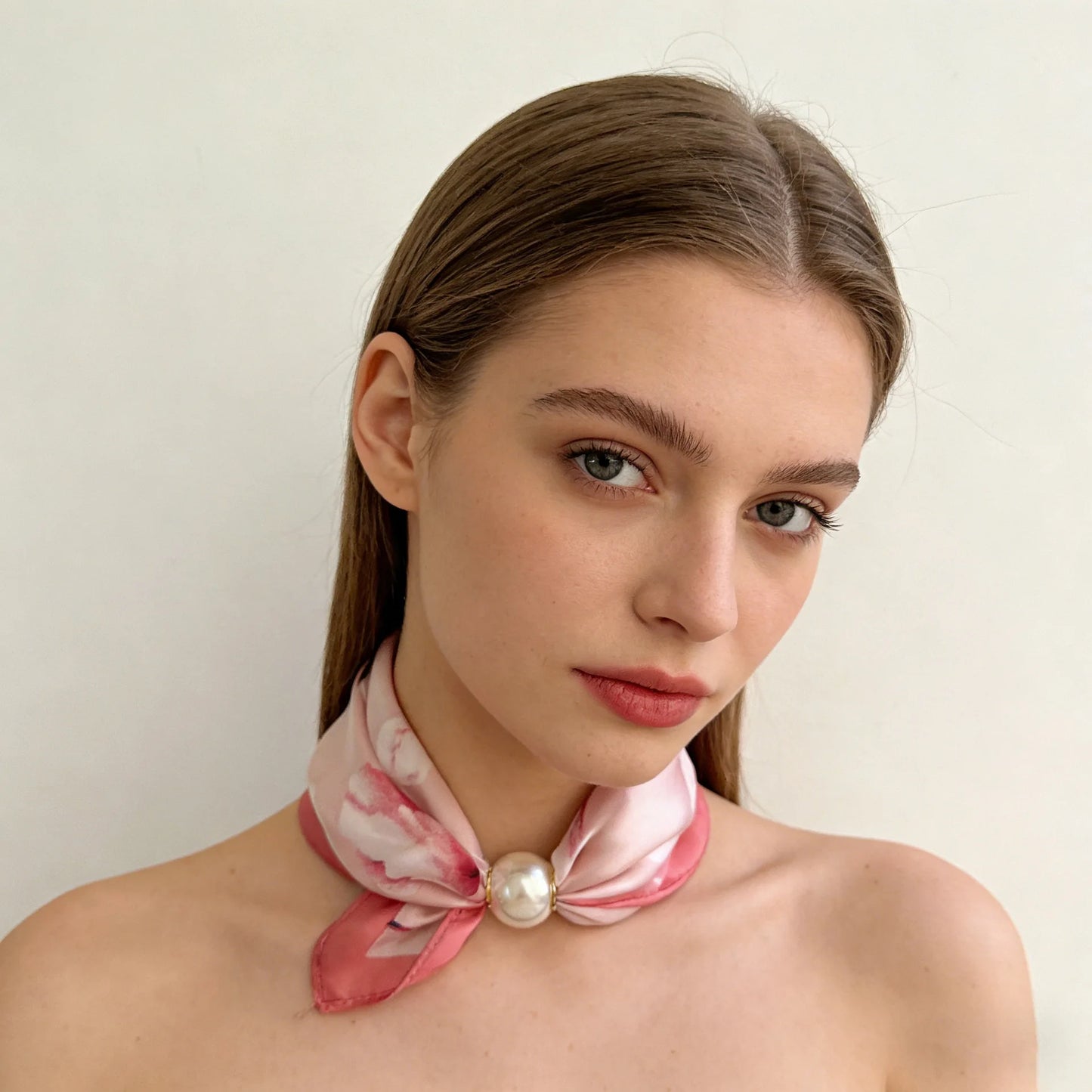 Printed faux silk scarf for women with a magnetic pearl clasp and satin-look finish, designed as a lightweight neck scarf that instantly elevates workwear and smart casual outfits.