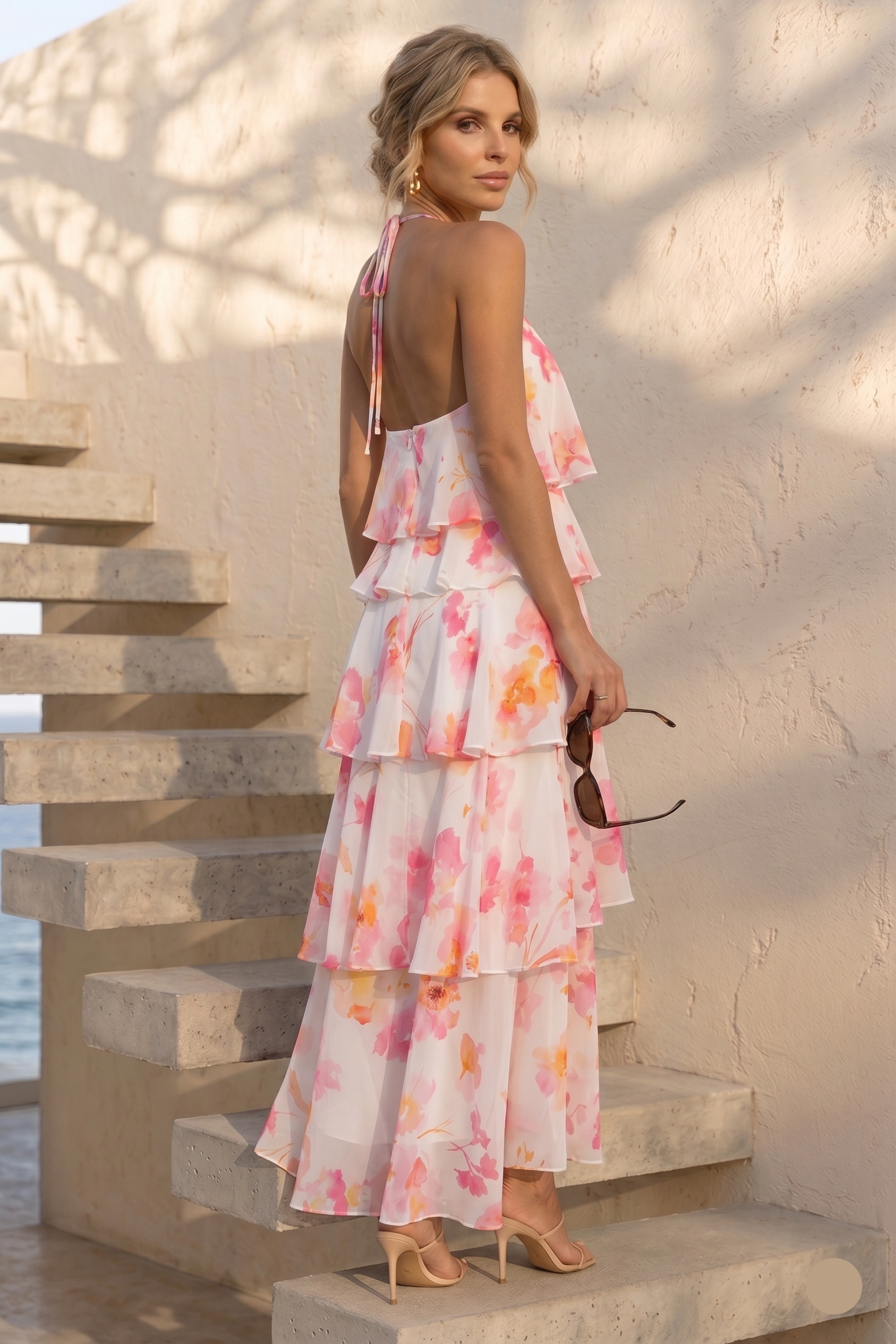 pink floral garden party maxi, watercolor floral cascading ruffle maxi, romantic maxi dress, spring brunch dress, halter open back dress, Tiered maxi dress featuring watercolor blooms, open-back detail, and airy layered construction, ideal halter open back tiered maxi dress for weddings, vacations, and special occasions.
